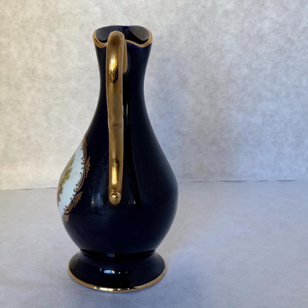 ヴィンテージ フランス リモージュ磁器 ブルー花瓶 ピッチャー、22K ゴールド