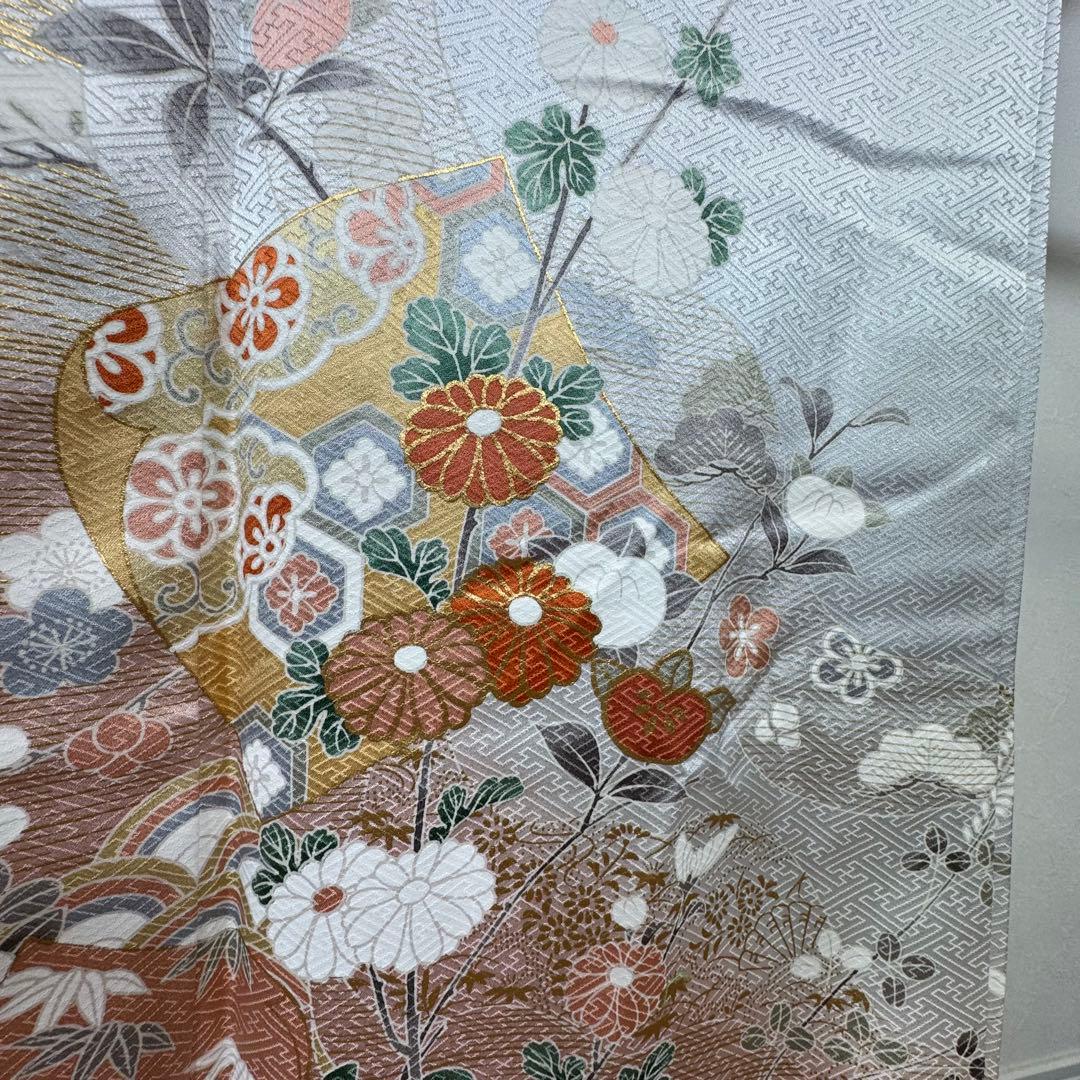 しつけ付　正絹　袷　現代　広襟　高級　訪問着　着物　着丈169 シルバー　光沢