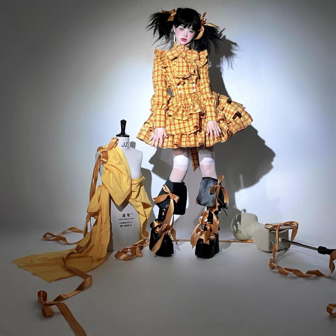 「即納」CATCOCOONクラシカルドール 長袖 セットアップ イエローチェック