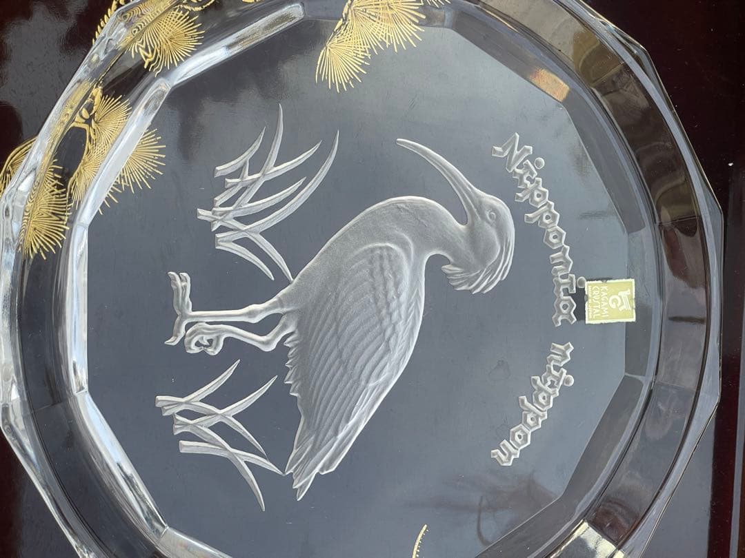 カガミクリスタル KAGAMI 飾り皿　贈答品 記念　クリスタル八角形皿 鶴彫刻