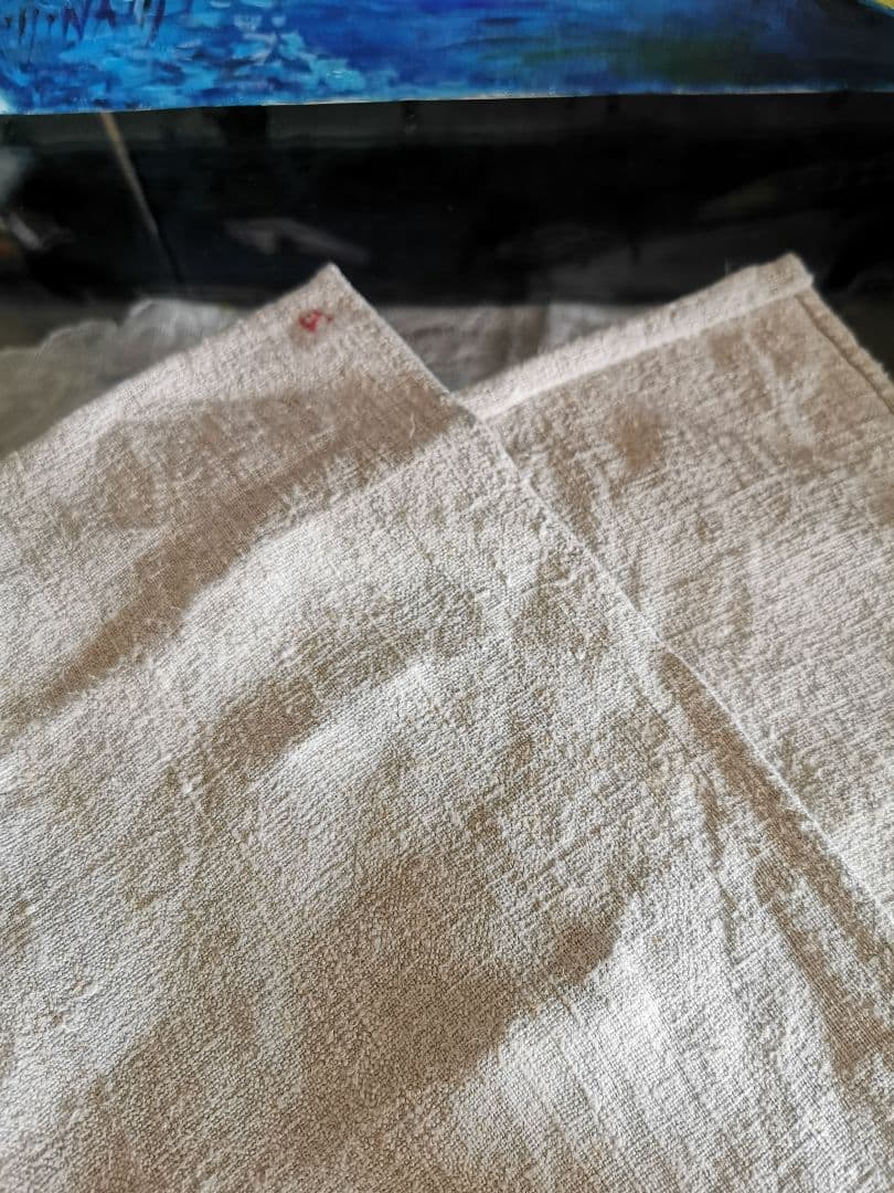 アンティーク ホームスパン ラスティックリネン イニシャルP赤糸刺繍ロングクロス