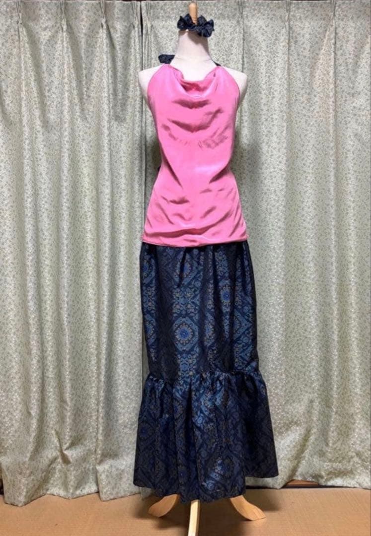 美　大島紬　着物リメイクドレス　マキシ丈　ドレープマーメイド　ダンス衣装　４点