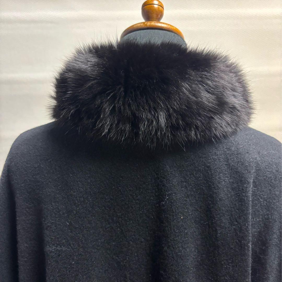 カシミヤケープマント フォックストリミング ロング丈 ブラック レディース