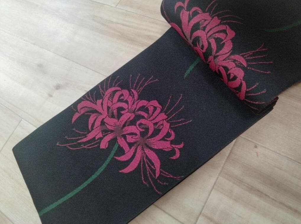 【日本製帯】 上品彼岸花◆曼珠沙華柄古典半幅帯◆純浴衣帯＆着物帯に★ 新品