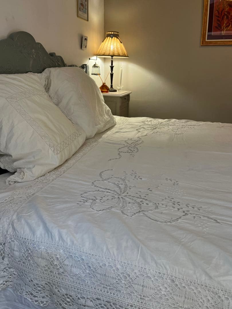 ◆フランスアンティーク｜手刺繍大判マルチクロスベットカバー白カーテンリボンレース