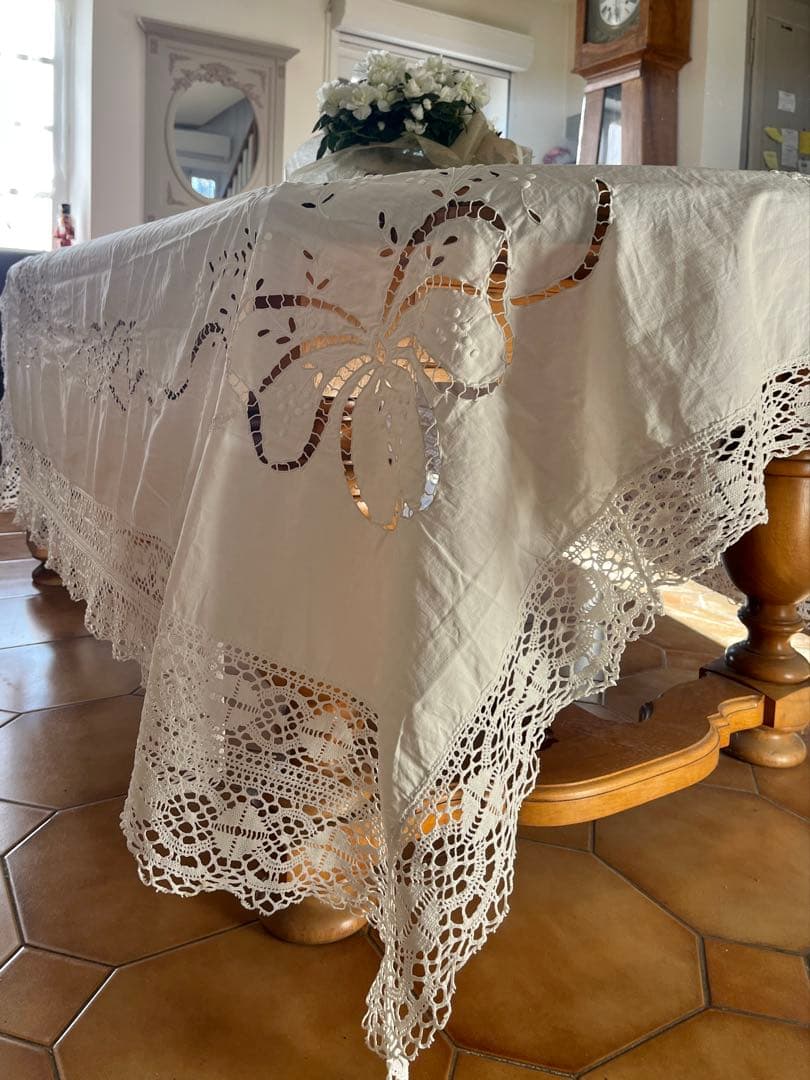 ◆フランスアンティーク｜手刺繍大判マルチクロスベットカバー白カーテンリボンレース