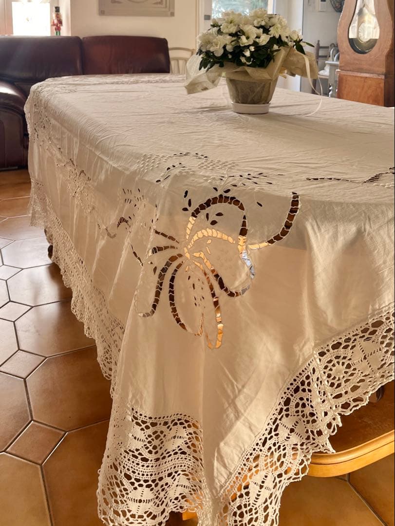 ◆フランスアンティーク｜手刺繍大判マルチクロスベットカバー白カーテンリボンレース