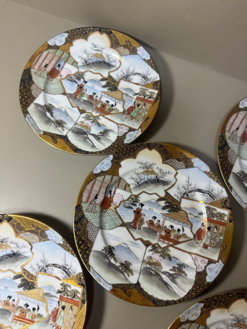 2132 明治時期　九谷焼　加賀亀田製　金彩  赤絵 人物文　皿　5客　時代物