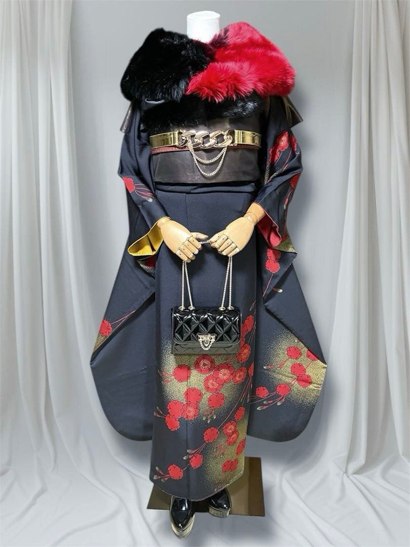 チャコールグレー 梅 ファーショール付き 振袖 フルセット 成人式