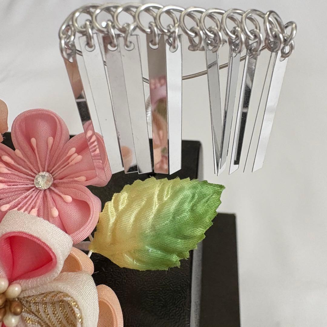 七五三 髪飾り 勝山かんざし 桜色 緑 7歳 つまみ細工