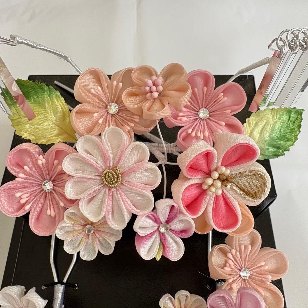 七五三 髪飾り 勝山かんざし 桜色 緑 7歳 つまみ細工