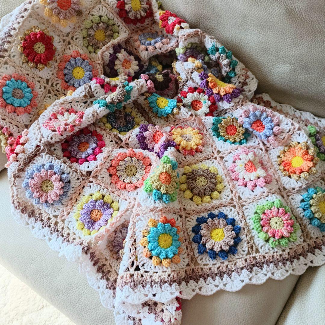お花の手編みブランケット★カラフル★かぎ針編み★お花モチーフ★コットン