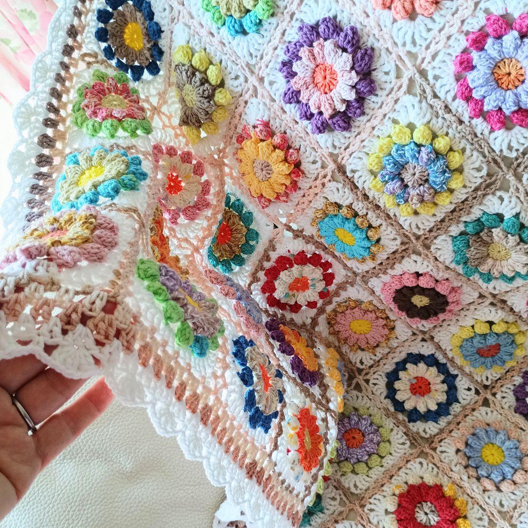 お花の手編みブランケット★カラフル★かぎ針編み★お花モチーフ★コットン