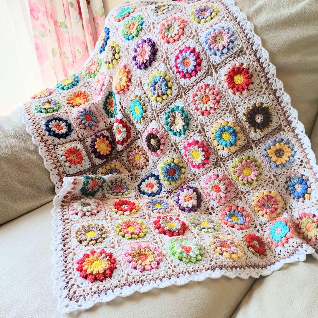 お花の手編みブランケット★カラフル★かぎ針編み★お花モチーフ★コットン