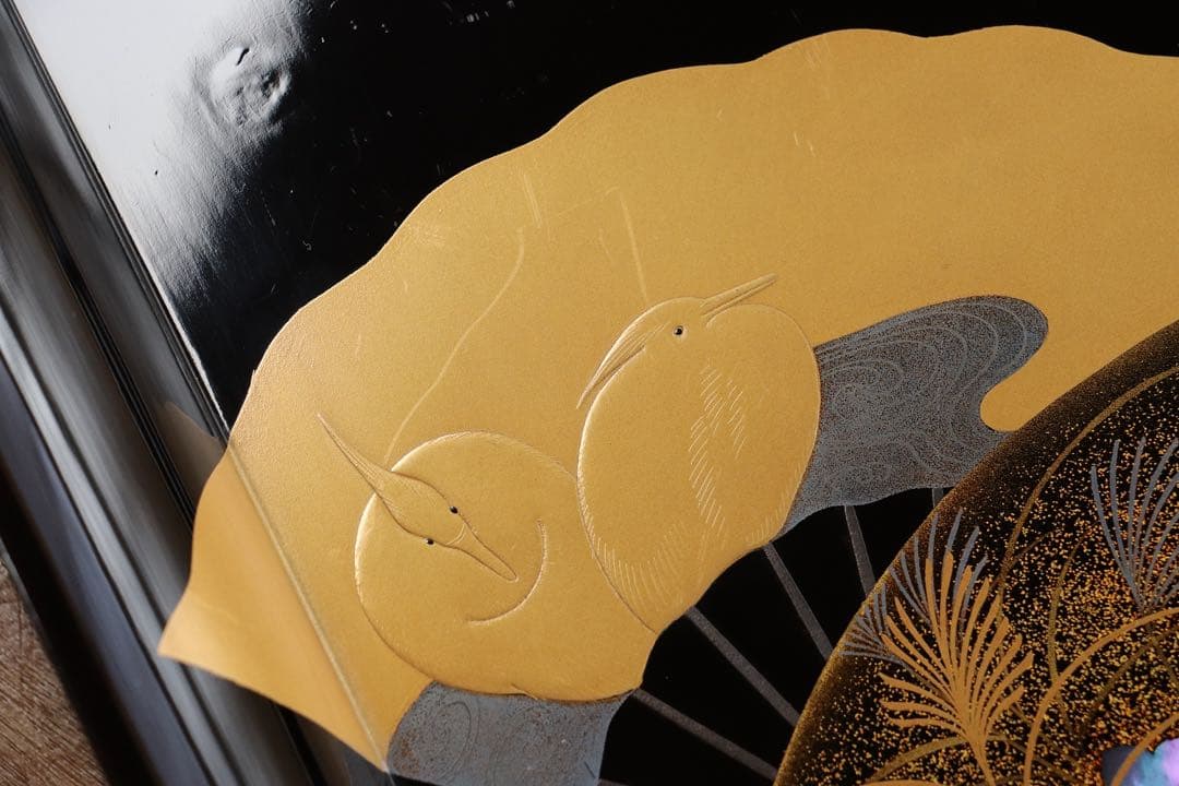 木製　螺鈿　古い黒塗吸物膳5客　足付　三重扇面蒔絵　金銀蒔絵　茶懐石　漆器　花鳥