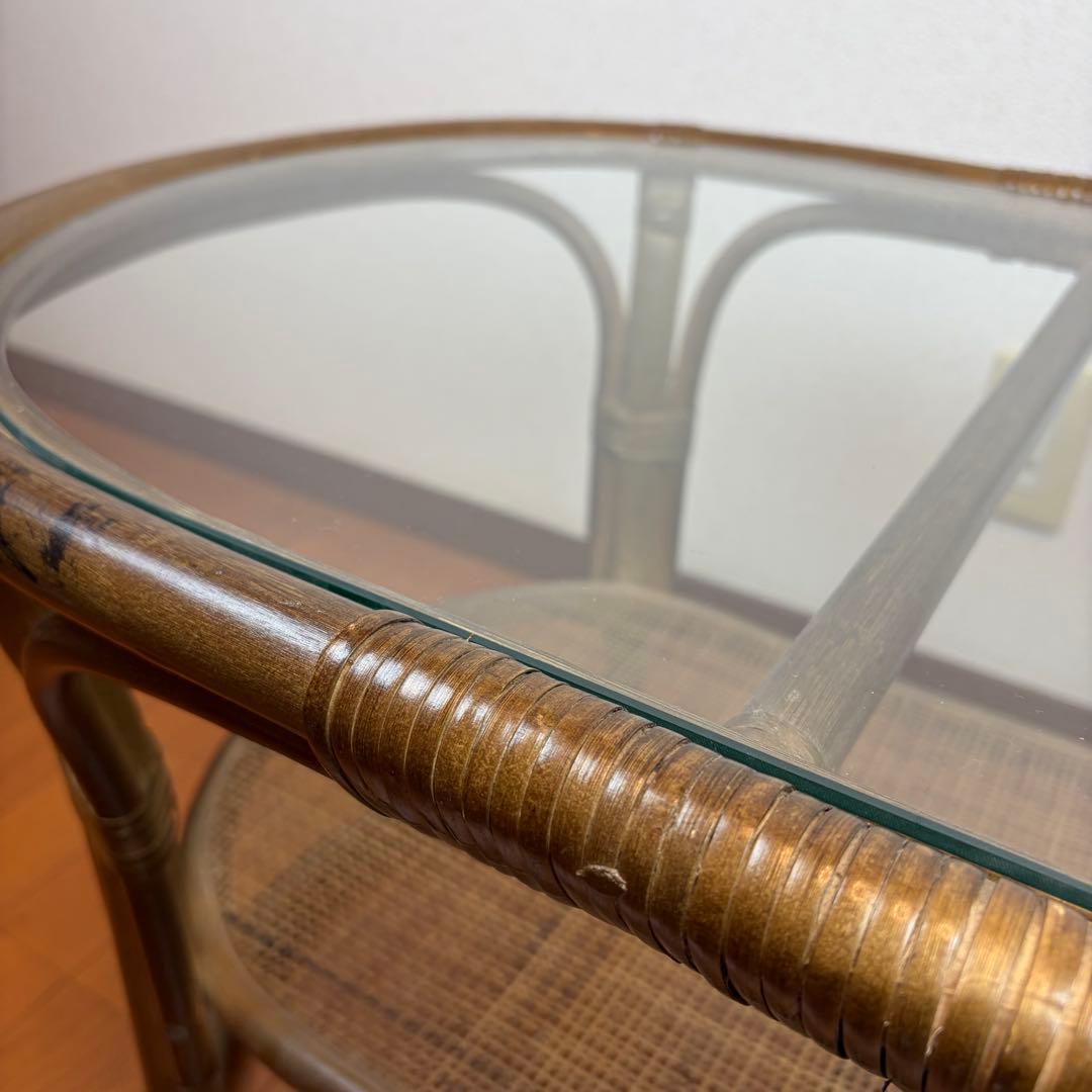 送料無料 ラタン製ガラス天板サイドテーブル アンティーク ヴィンテージ 天然木