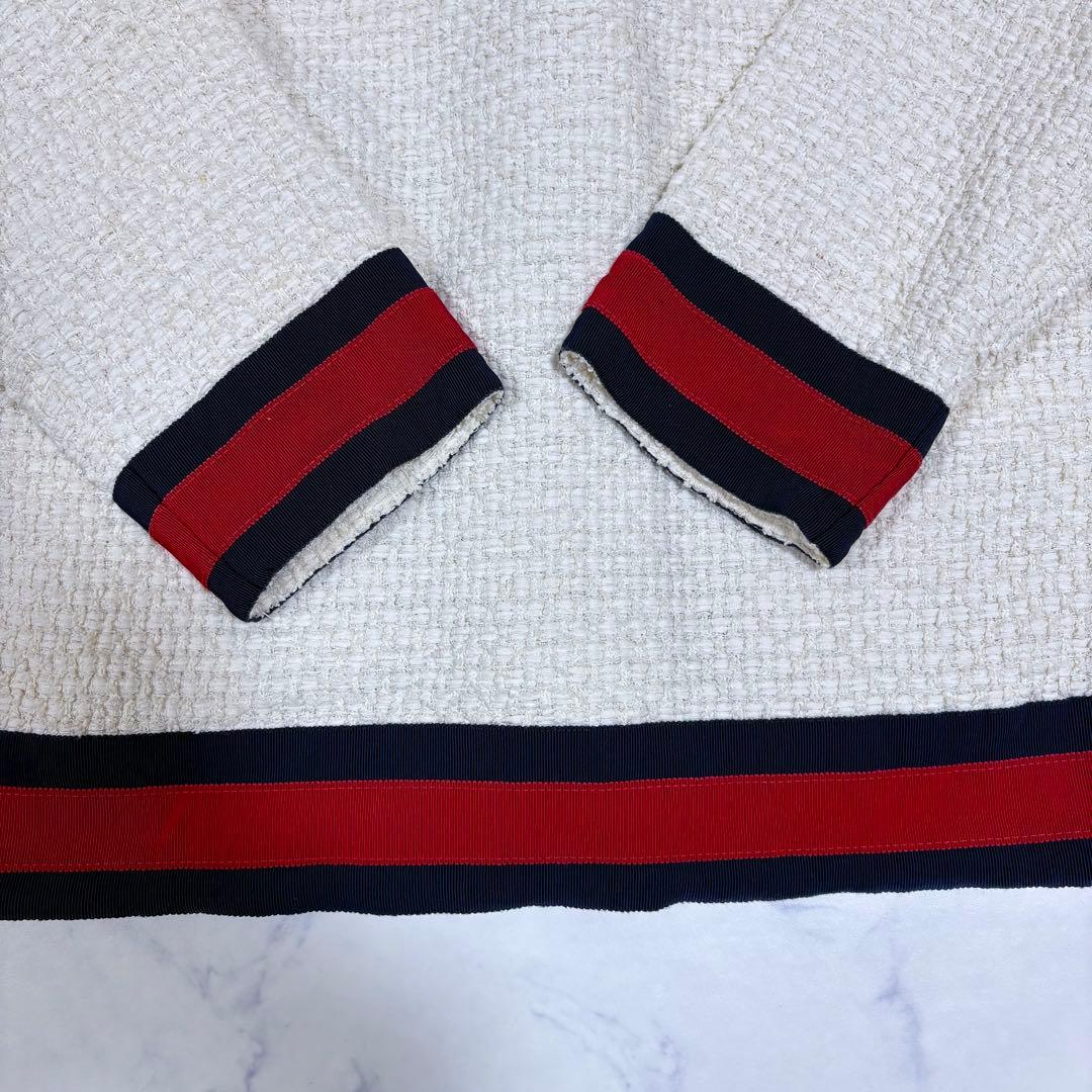 美品 グッチ 40 ツイード カーディガン ウェブ パール ビジュー ジャケット