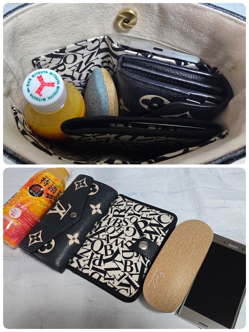 デニムリメイクトートバッグ 大きめ 上部ファスナー ＆サコッシュ 本革使用