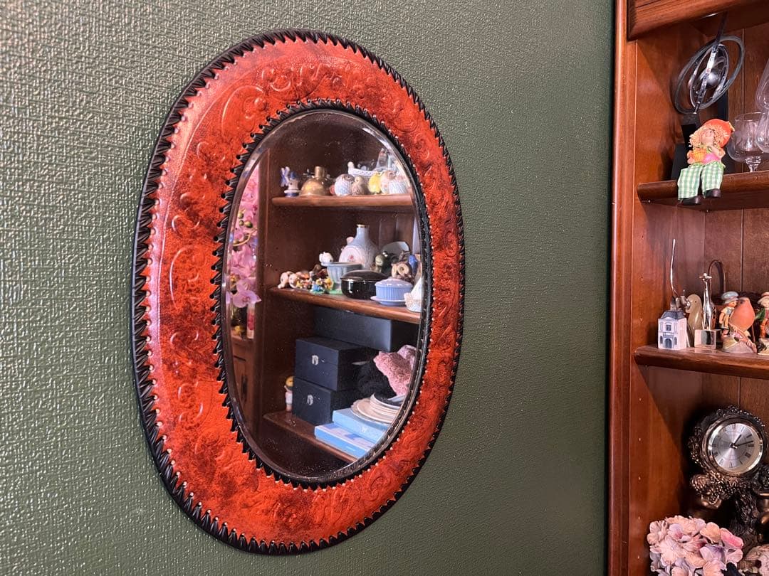 未使用 ミラー 壁掛け 鏡 レザー インテリア アンティーク 昭和レトロ 当時物