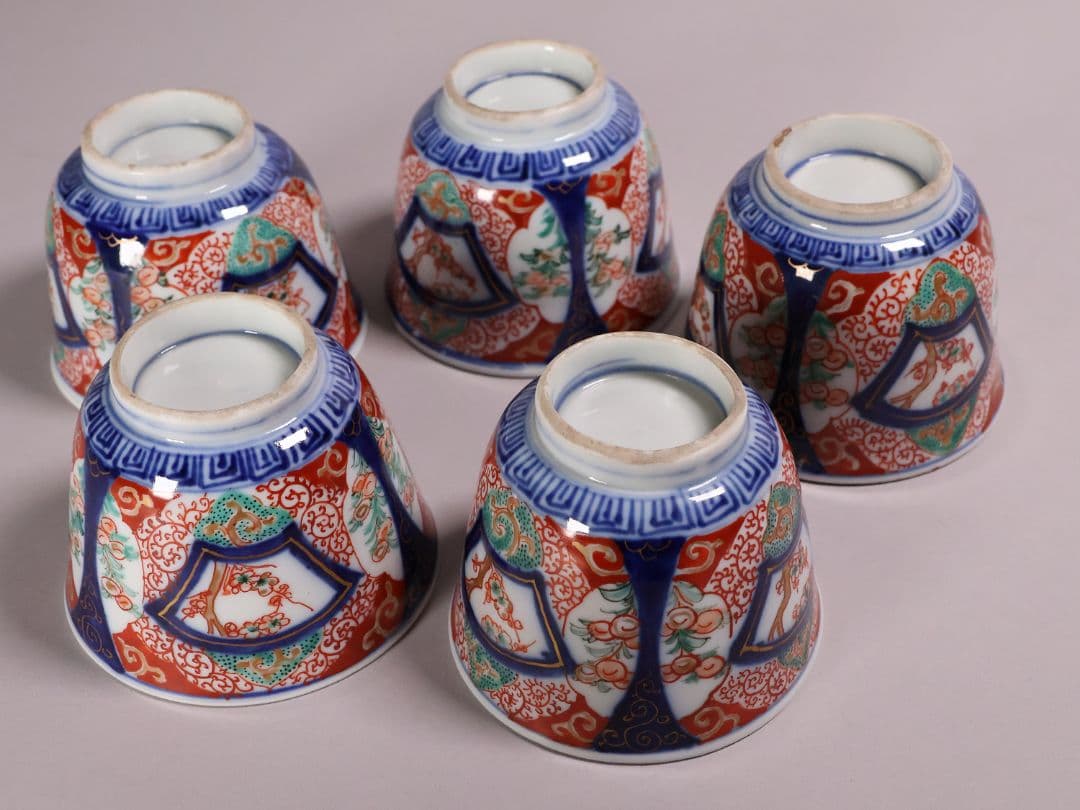 【CM125】古伊万里 扇面 色絵向付 五客 猪口 小鉢 扇面 草花 唐草 錦