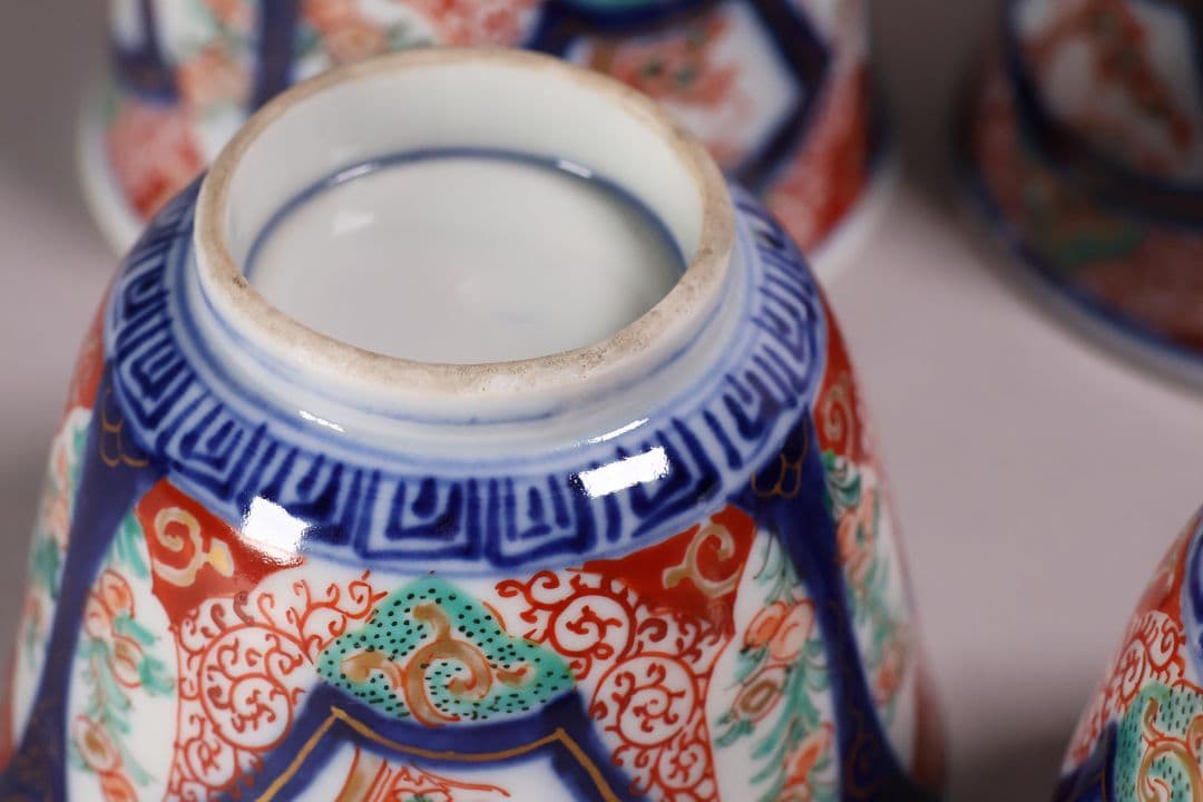 【CM125】古伊万里 扇面 色絵向付 五客 猪口 小鉢 扇面 草花 唐草 錦