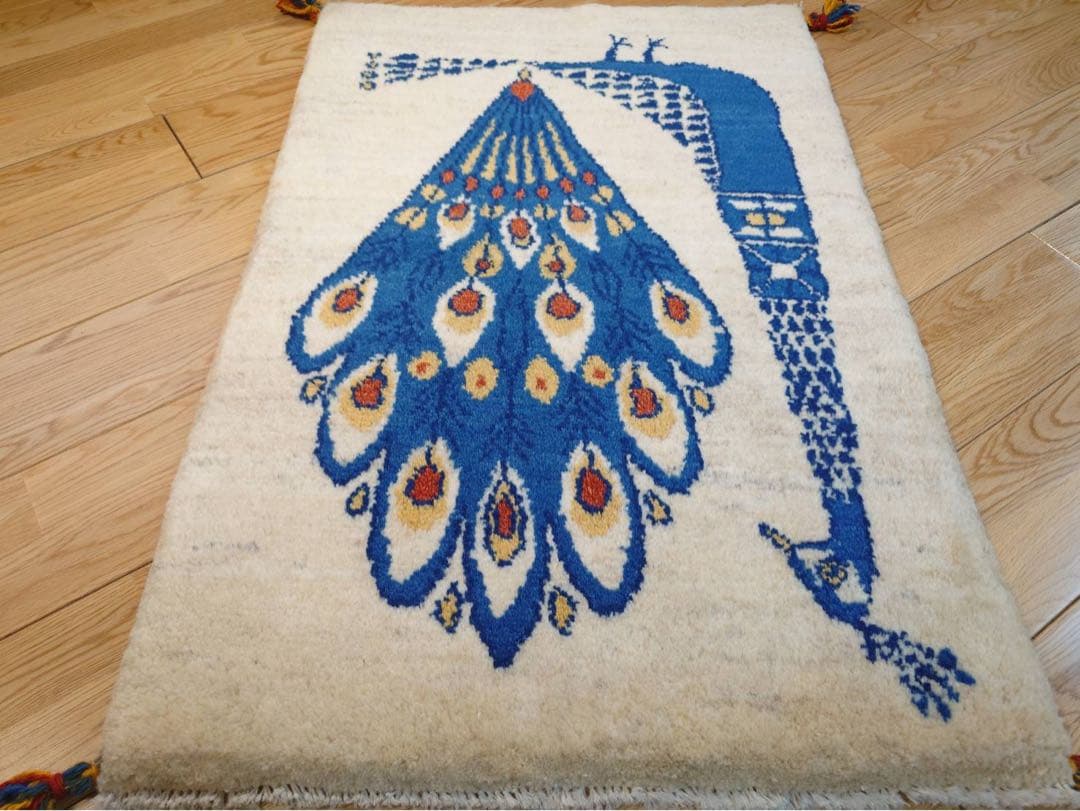 【夏のキャンペーン】ペルシャ　ギャッベ　玄関　90×60 アイボリー　孔雀