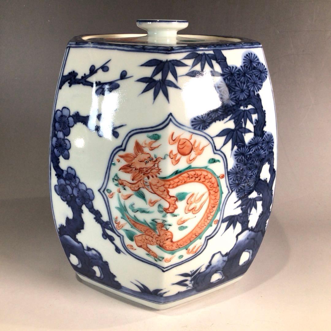 Ｐ３２４　水指　『平安　手塚玉堂造』『染付赤絵』『六角水指』　共箱　茶道具