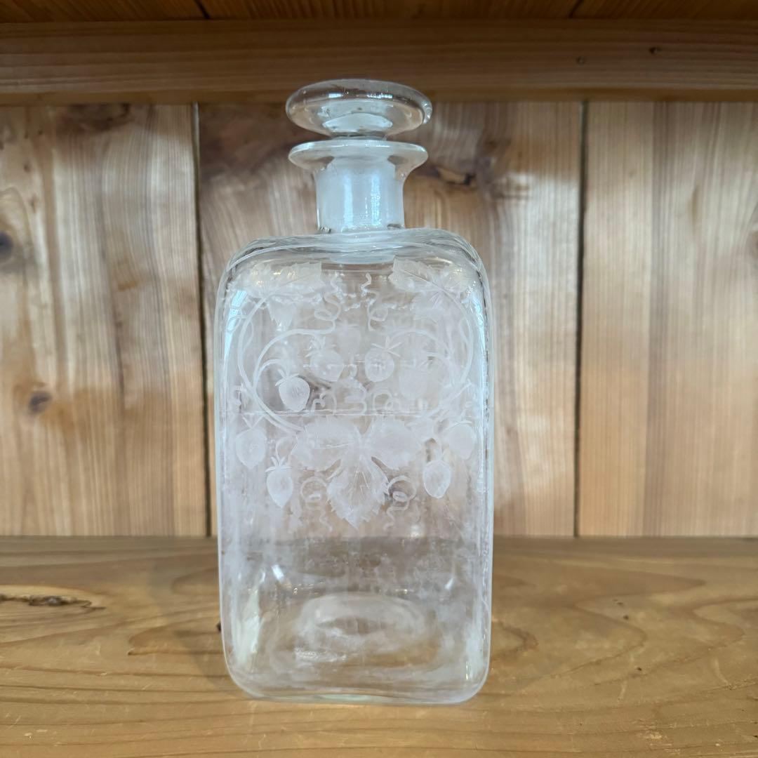 19世紀 フランス ガラス角瓶 硝子 グラビュール 民芸 アンティーク 古道具