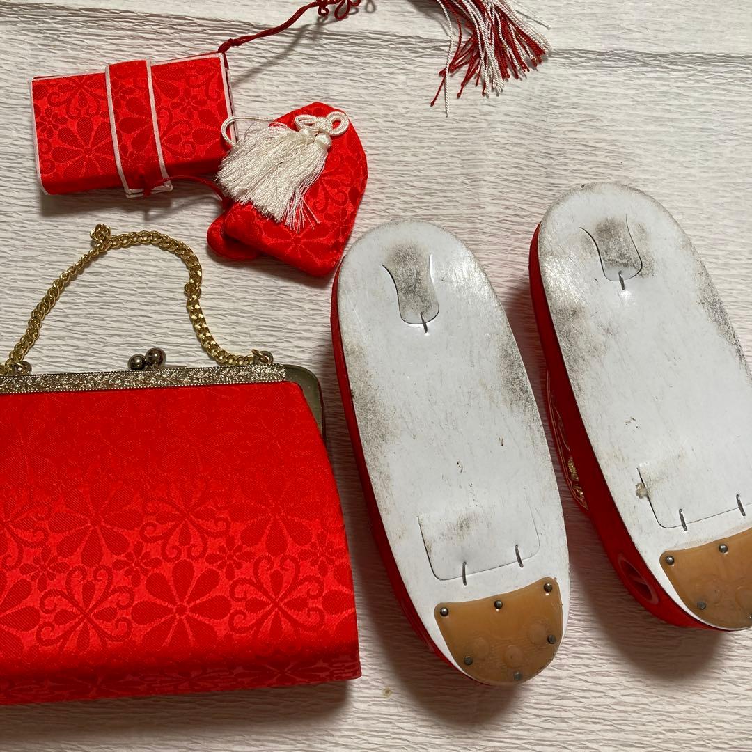 七五三　正絹　3歳用着物長襦袢被布草履バッグセット　梅桜花　赤　ピンク　金　女