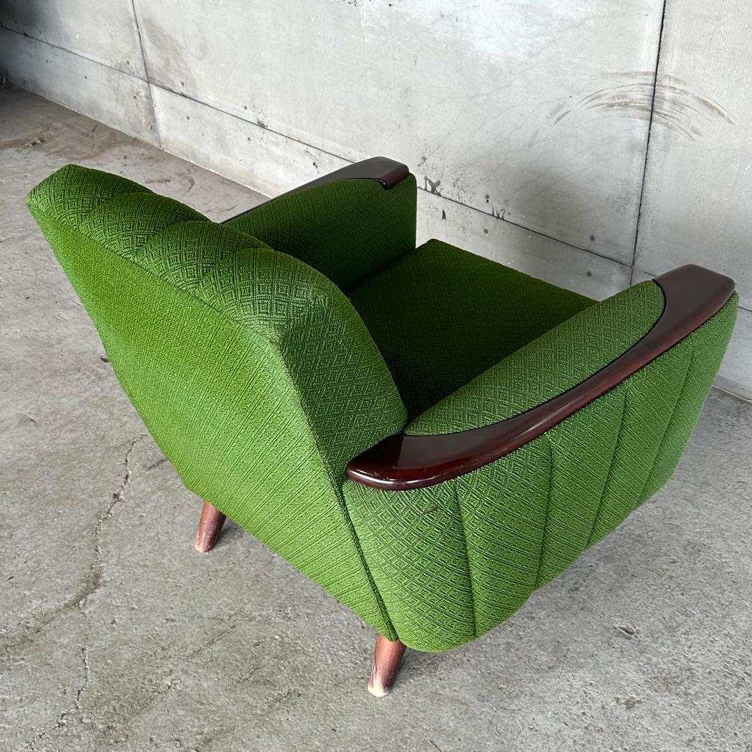 ✦70S✦ 昭和モダン 深緑ファブリック 木肘一人掛けチェア レトロ インテリア