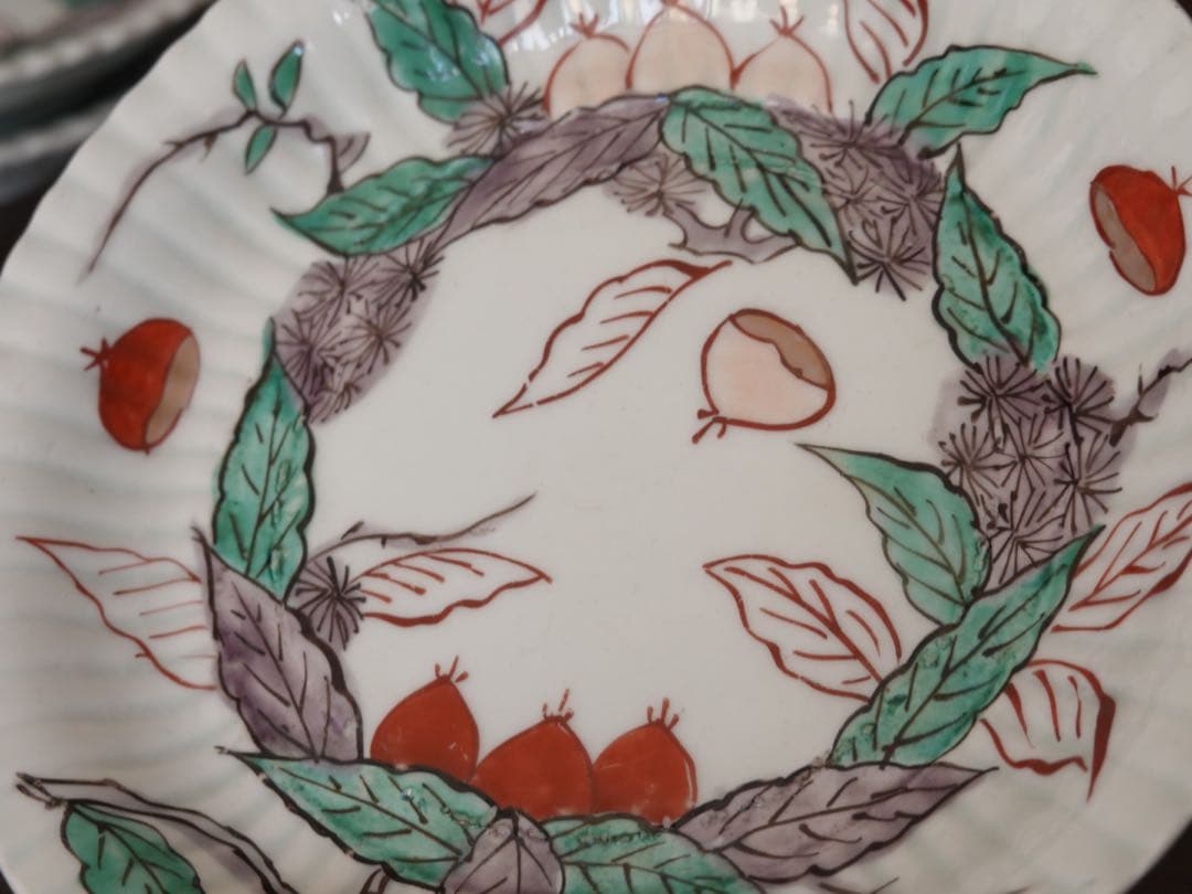 江戸中期〜後期　古伊万里　色絵　金彩　栗文　鎬　皿　5客　銘々皿　バラ売り可能