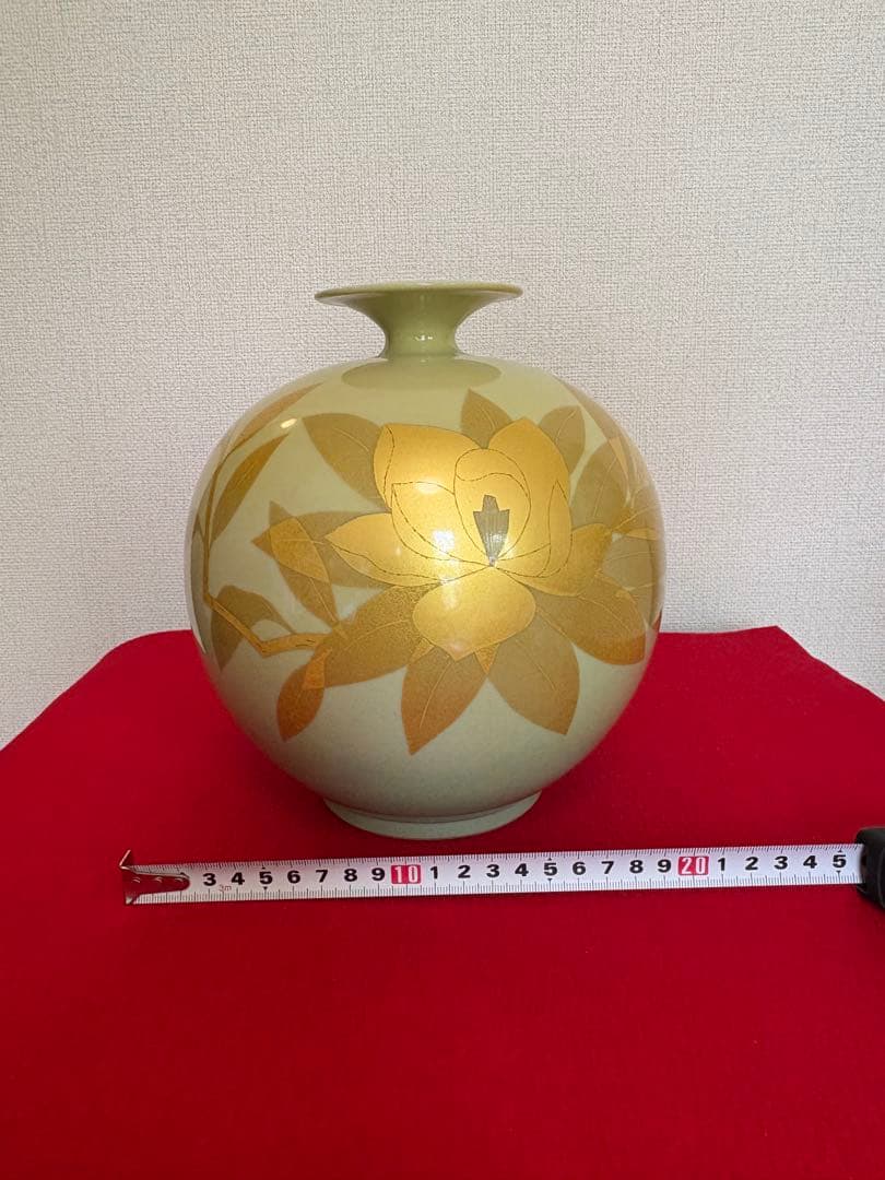 人間国宝 吉田美統『釉裏金彩 泰山木文 花瓶』Y35 共箱 共布 陶歴 立札付