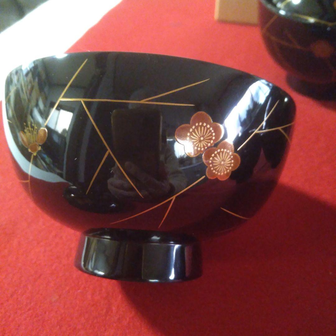 輪島塗堅地黑漆塗　梅蒔絵入椀五客