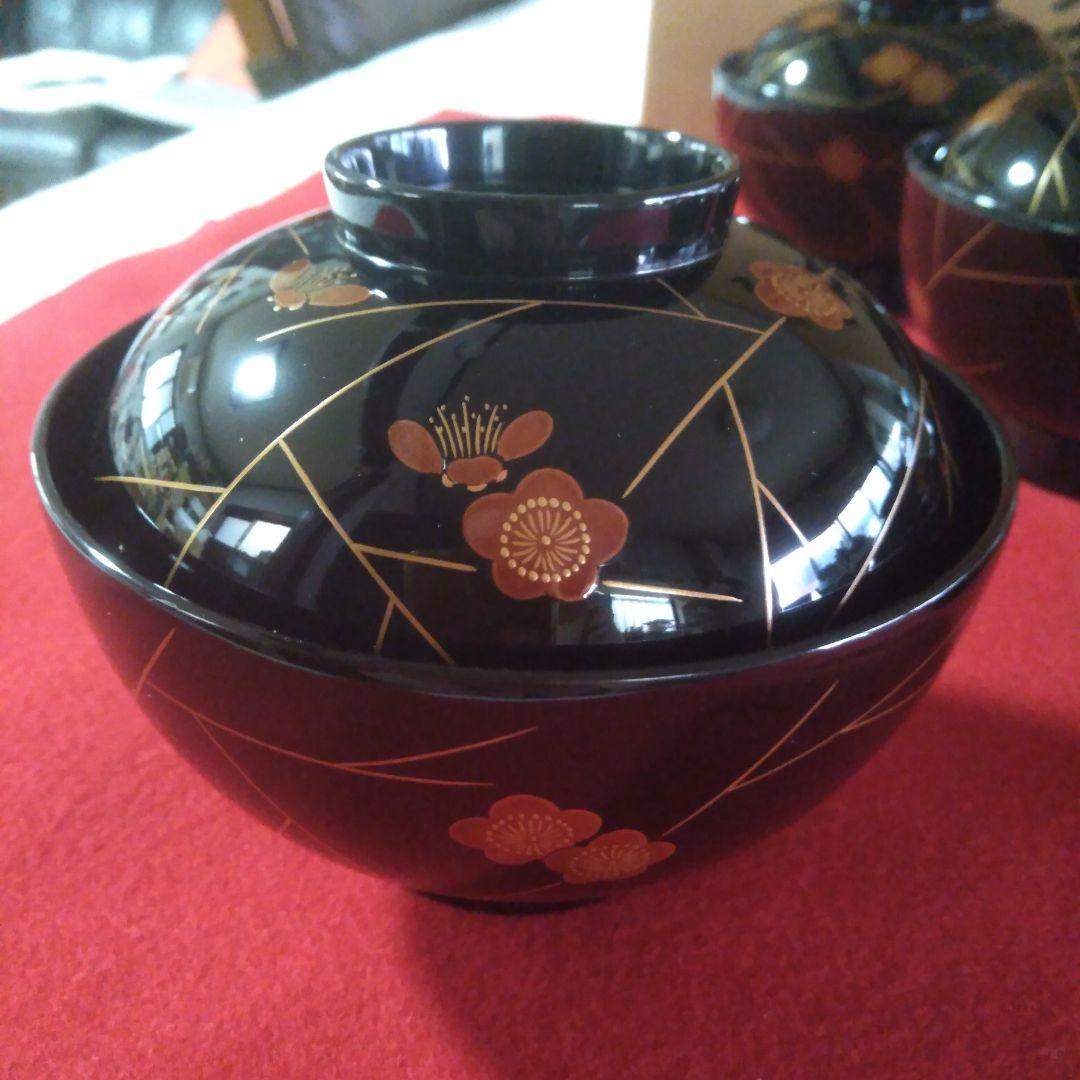 輪島塗堅地黑漆塗　梅蒔絵入椀五客