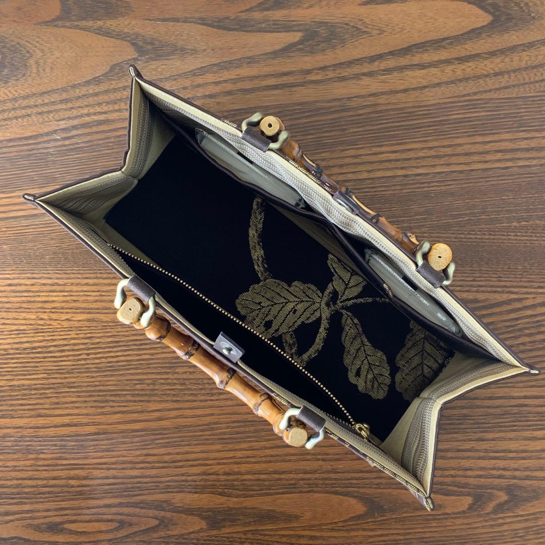 焦茶に金糸きらめく葉文の帯 リメイク バンブーハンドルバッグ 浅型マチ広め