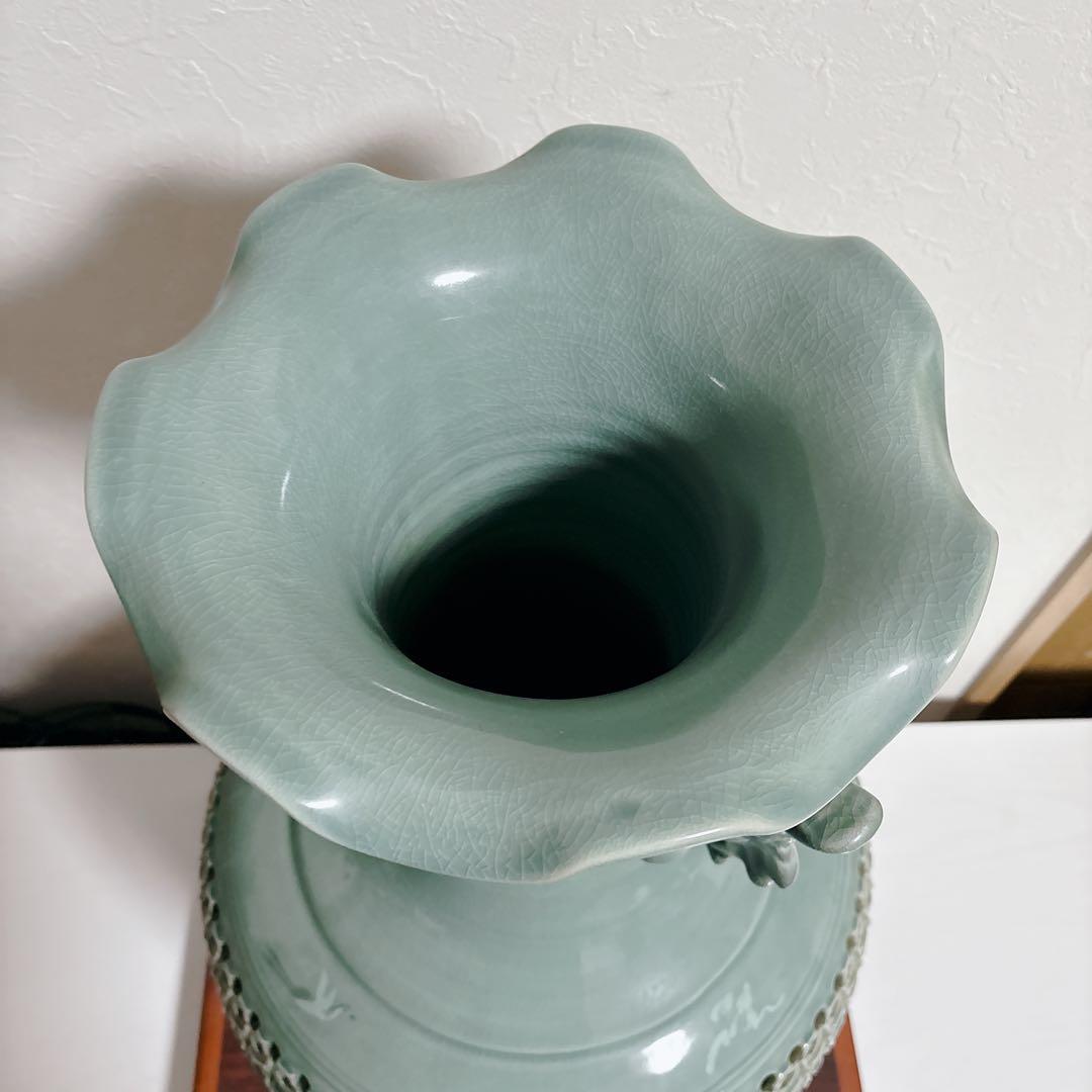 【特大】高麗青磁 海光作 龍耳透かし彫り 大花瓶 63cm 11.8kg 雲鶴紋