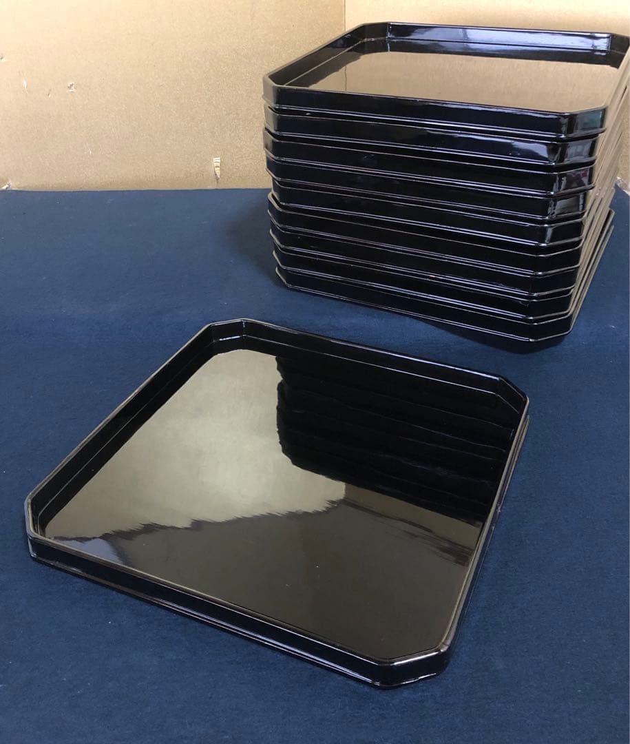 《R》時代 黒塗 隅切膳10客 在銘 木製漆器 共箱　260108き1