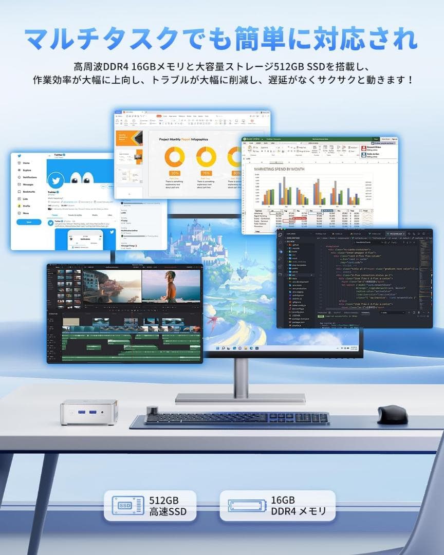 ミニpc n97 mini pc 16GBRAM 512GBSSD 4コア