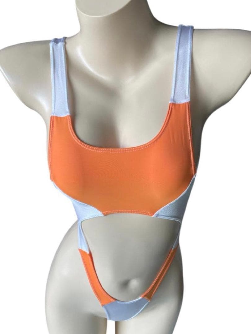 レオタード　ハイレグ　オレンジ×パールホワイト