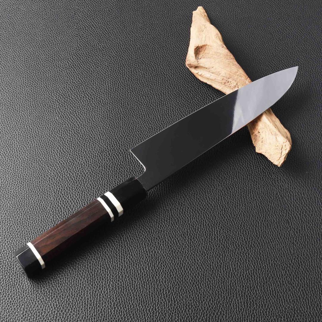 11040牛刀7寸家庭用 業務用刺身包丁鏡面仕上げ両刃 黒檀黒水牛白三本巻八角柄