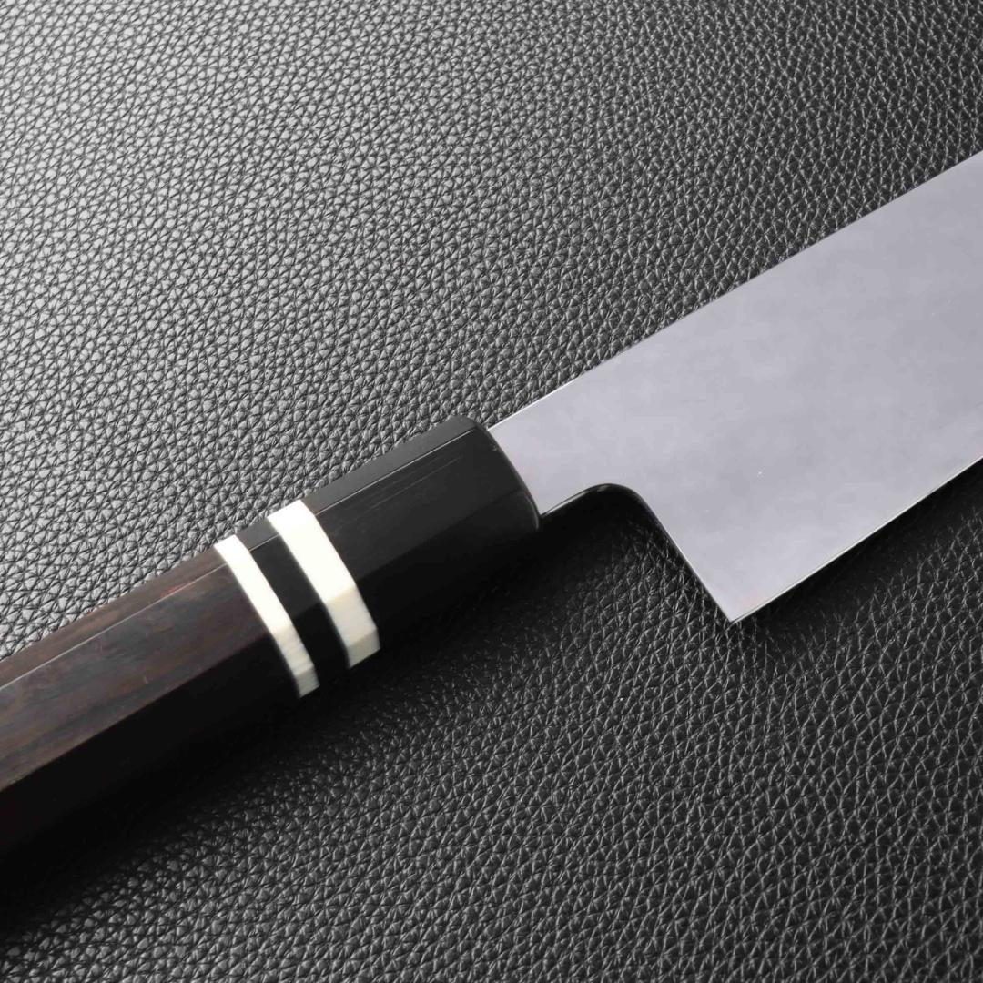 11040牛刀7寸家庭用 業務用刺身包丁鏡面仕上げ両刃 黒檀黒水牛白三本巻八角柄