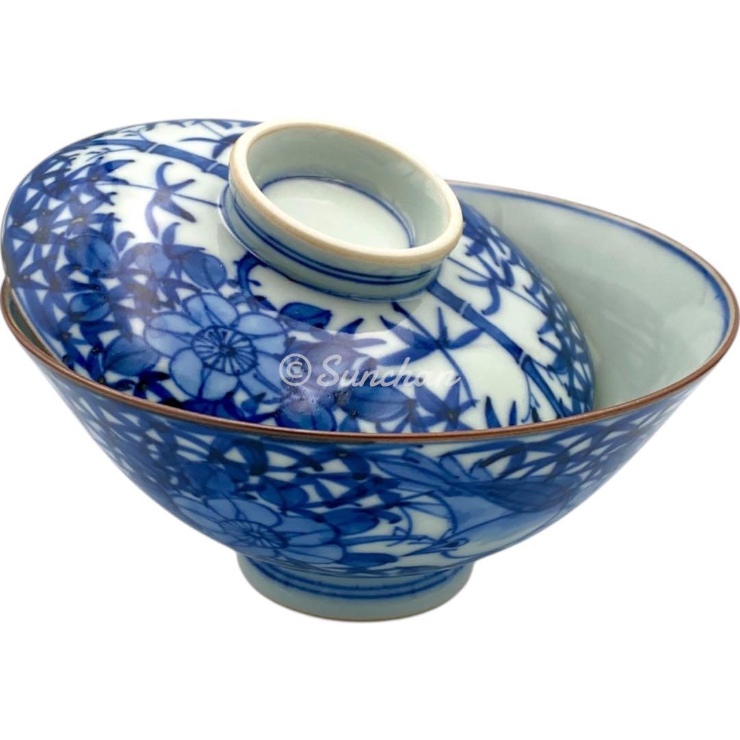 【未使用品】 京焼 清水焼 青葉花鳥 平安博峰作 蓋付き飯茶碗 夫婦茶碗 共箱付