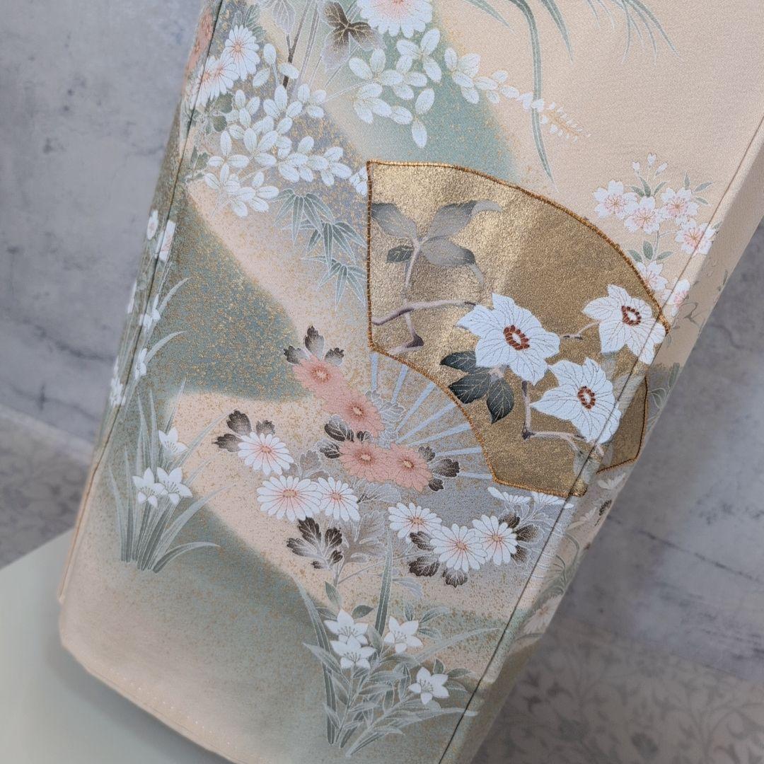 訪問着　フルセット　着物　正絹　金彩加工　鶴草花　金駒刺繍　寿　豪華　O8