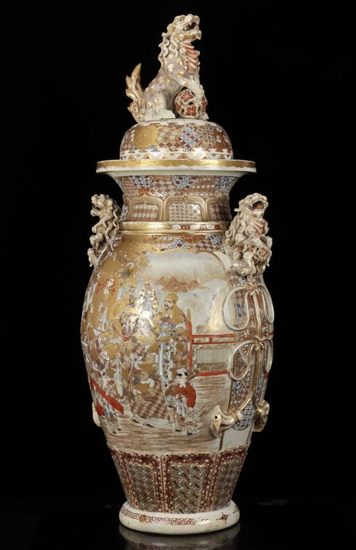 【極上薩摩焼】特大金襴手色絵 獅子 香炉 飾壺 陶器 骨董 古美術 アート 花瓶