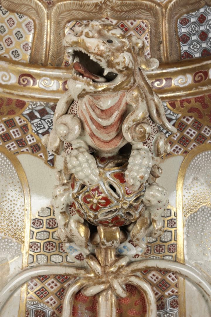 【極上薩摩焼】特大金襴手色絵 獅子 香炉 飾壺 陶器 骨董 古美術 アート 花瓶