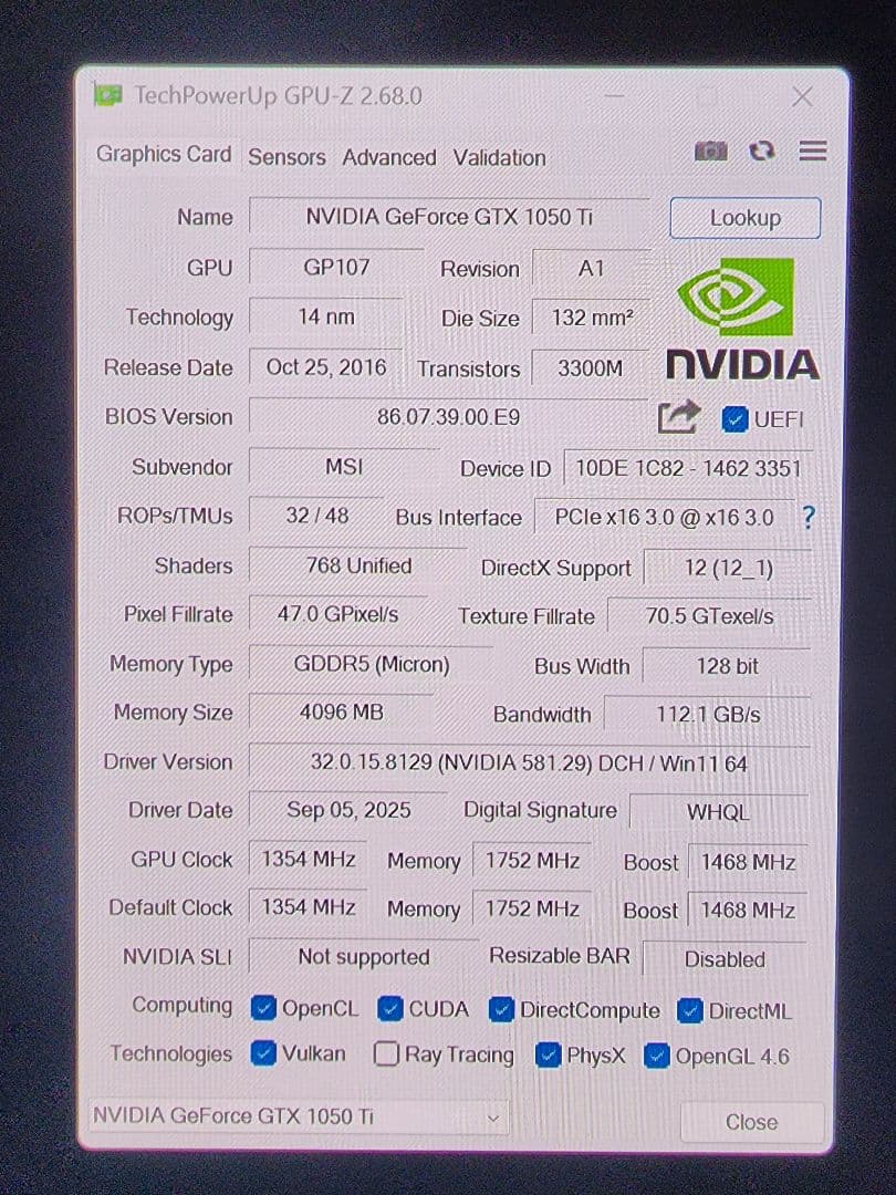 グラフィックボード・グラボ・ビデオカード MSI GeForce GTX 1050 Ti Gaming X 4GB