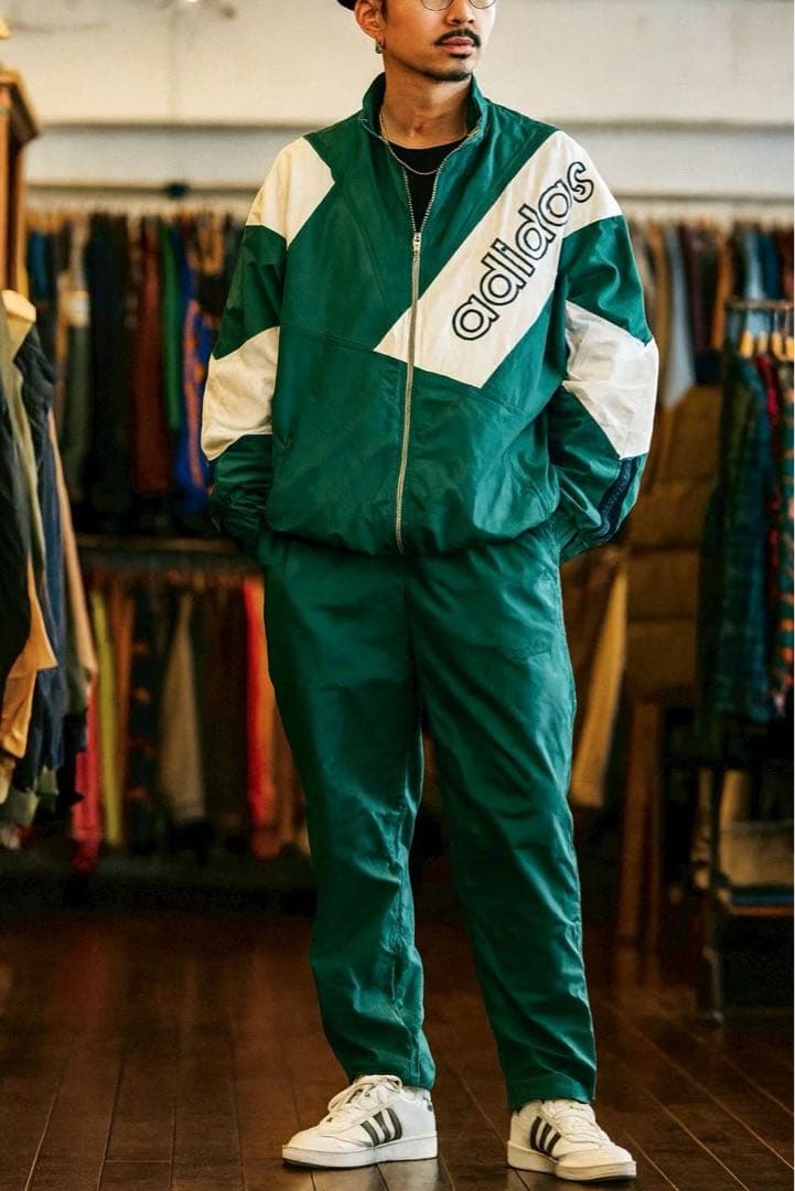 アディダス/入手困難 90s 国旗刺繍タグ ナイロン セットアップ 緑×白 L