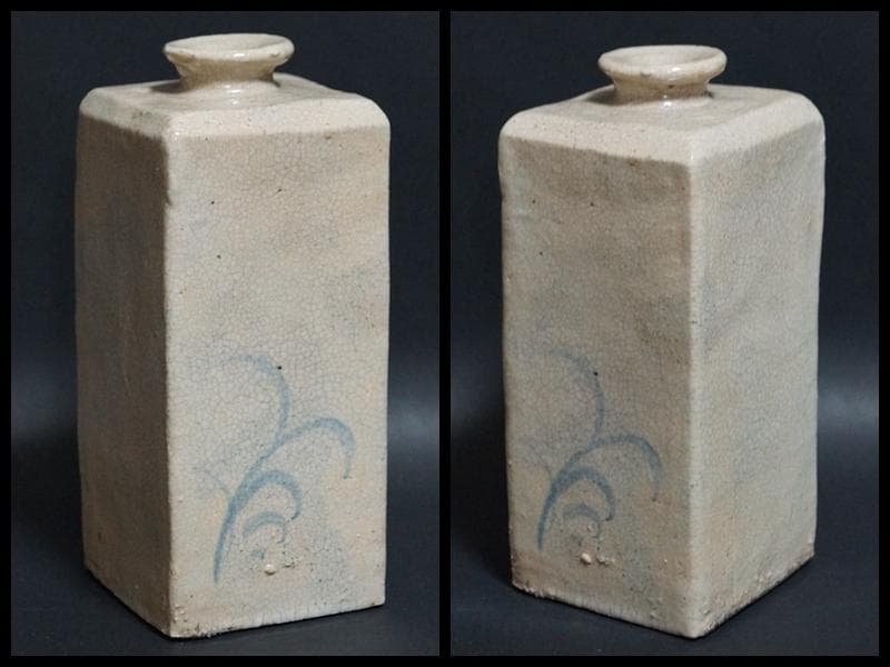 朝鮮古美術 李朝染付角瓶 染付蘭文角瓶 貫入 方花瓶 花器 飾壷 高17cm★