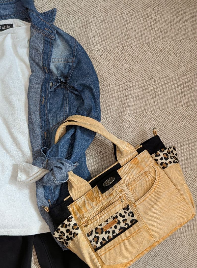 オレンジデニムリメイクバッグ（L）No.842☆ハンドバッグ　横長ポーチ