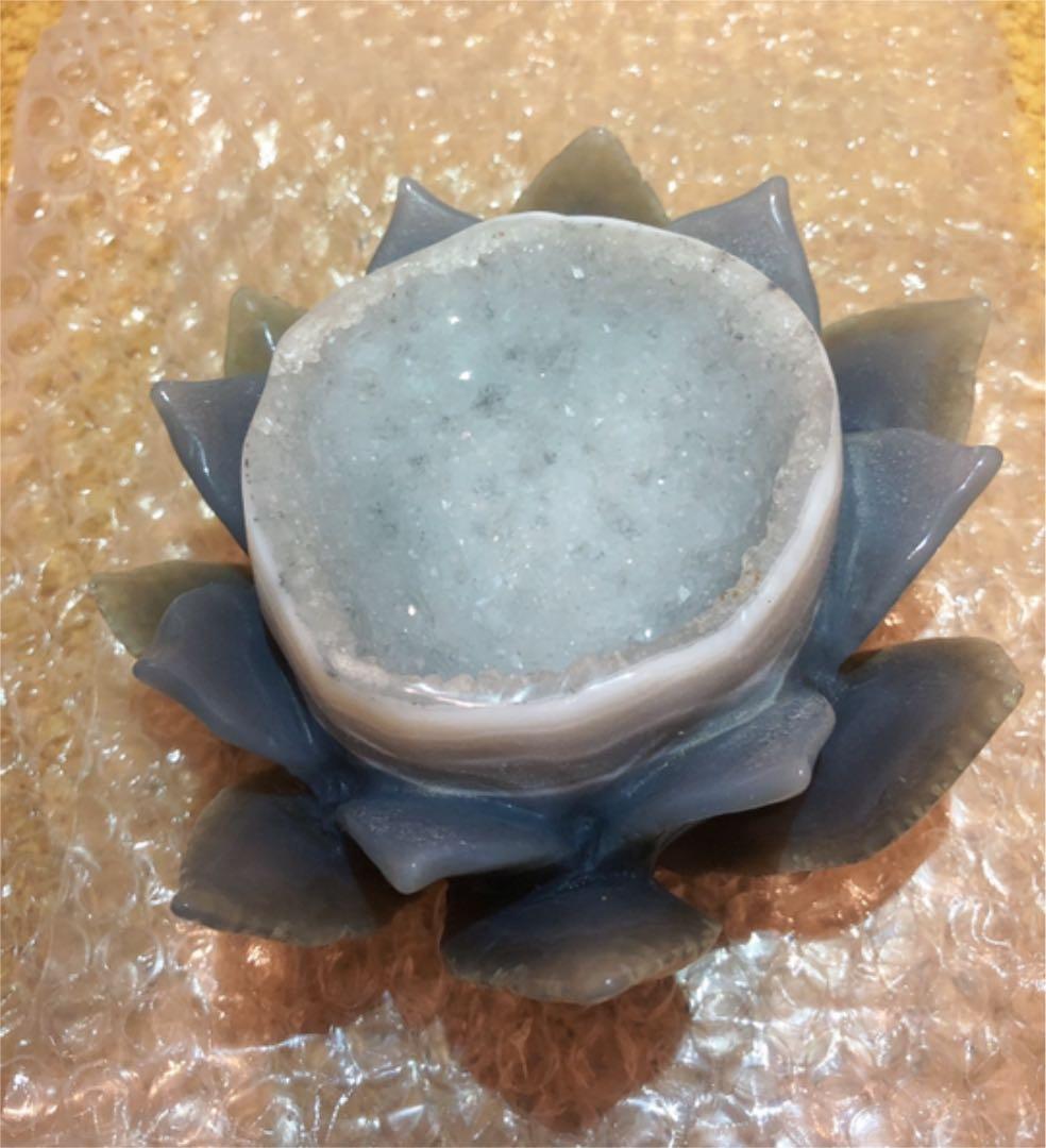 【極上品質 笑口瑪瑙】キラキラ* 蓮花 ジオード ロータス 彫刻 置き物